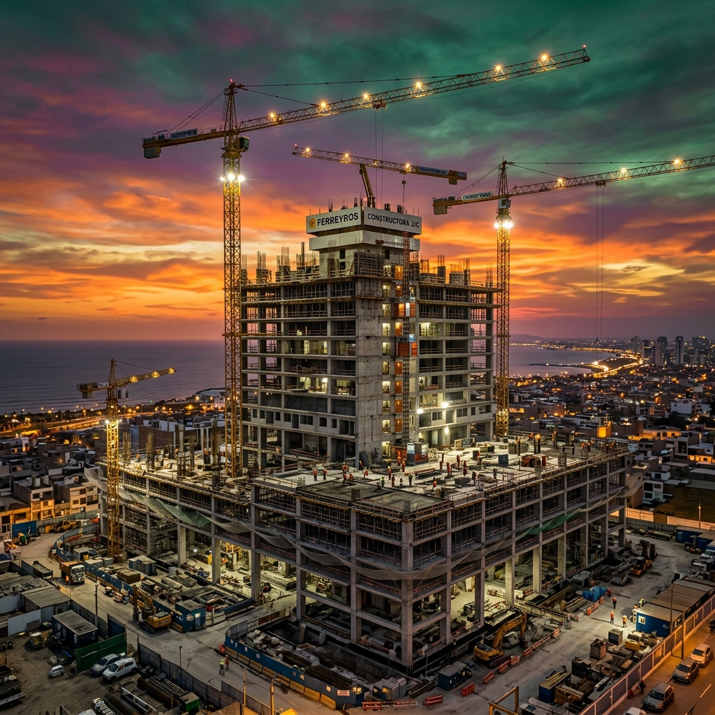 Obra de construcción moderna al atardecer en Lima